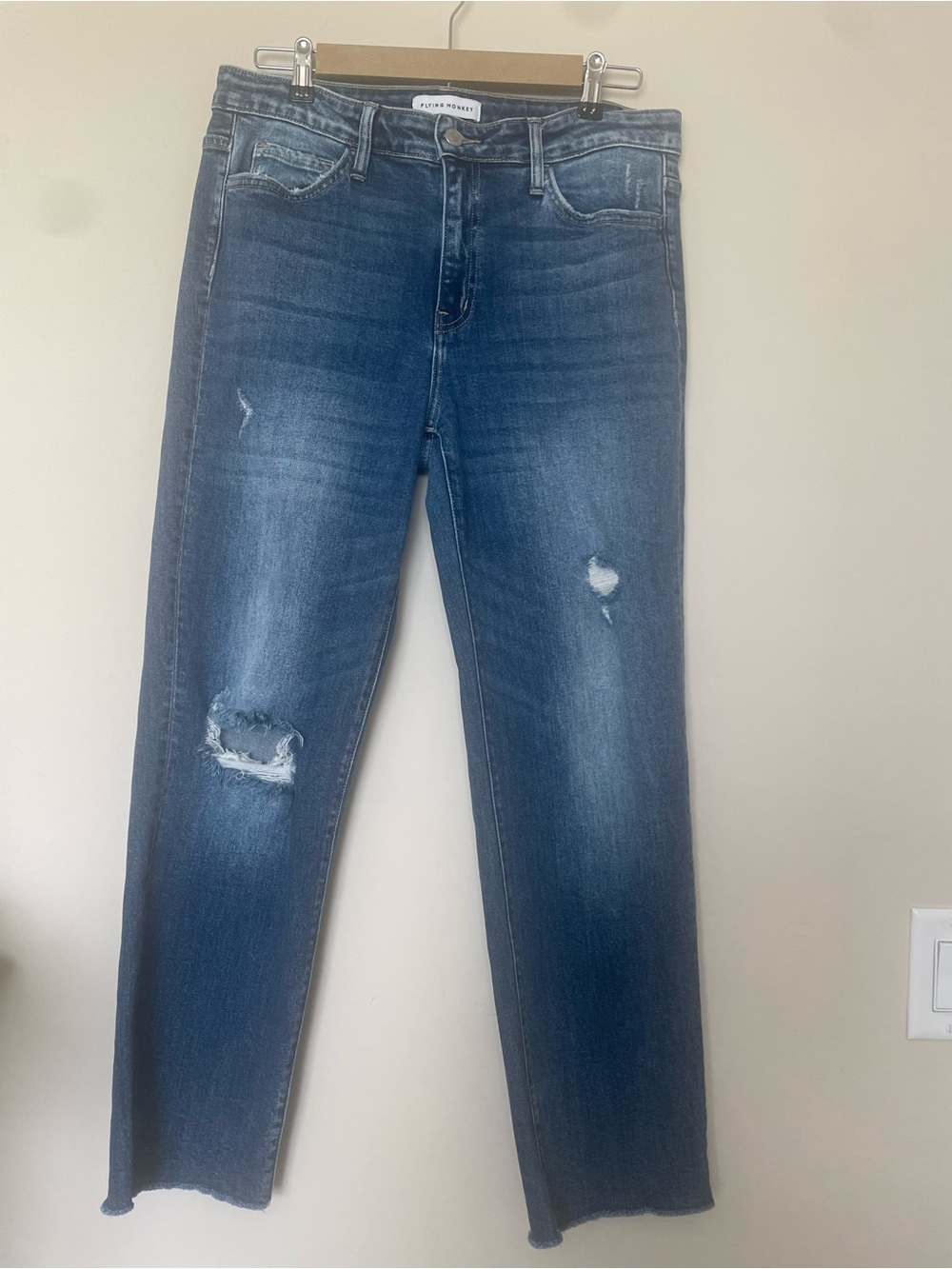 Flying Monkey Straight Leg Distressed Jeans - Blue Wash